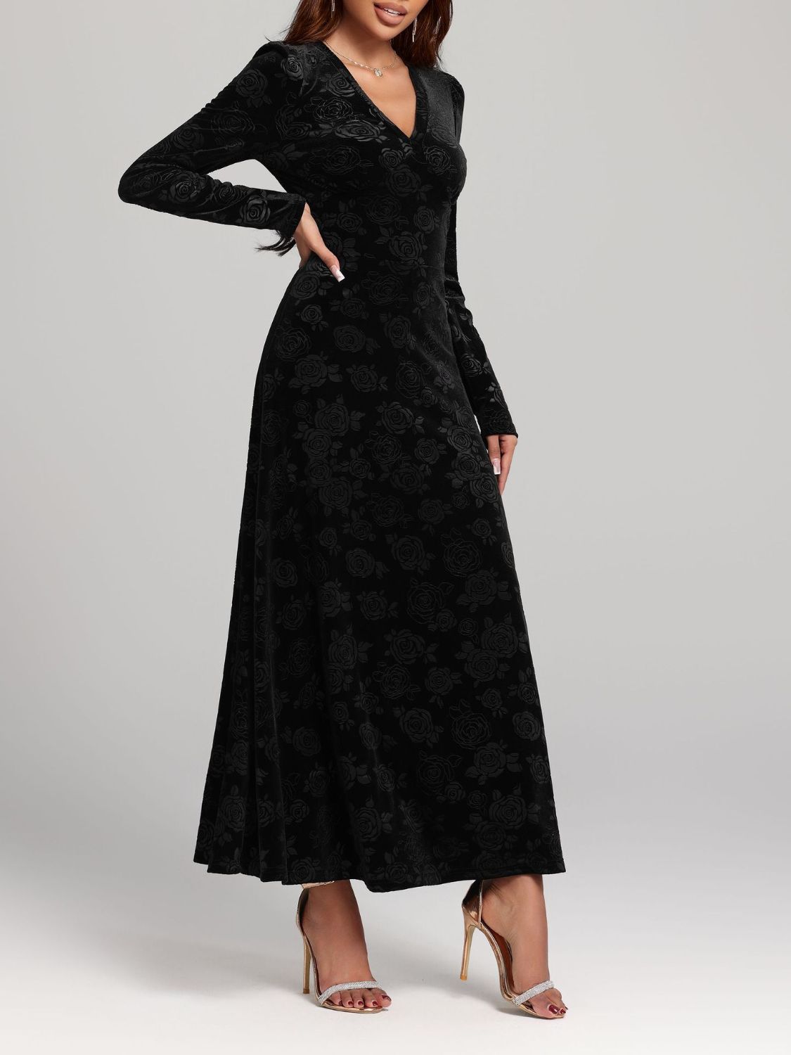 Rose Print V-Neck Long Sleeve Dress Trandify Deal