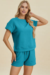 Double Take Full Size Texture Short Sleeve Top and Shorts Set Trandify deal