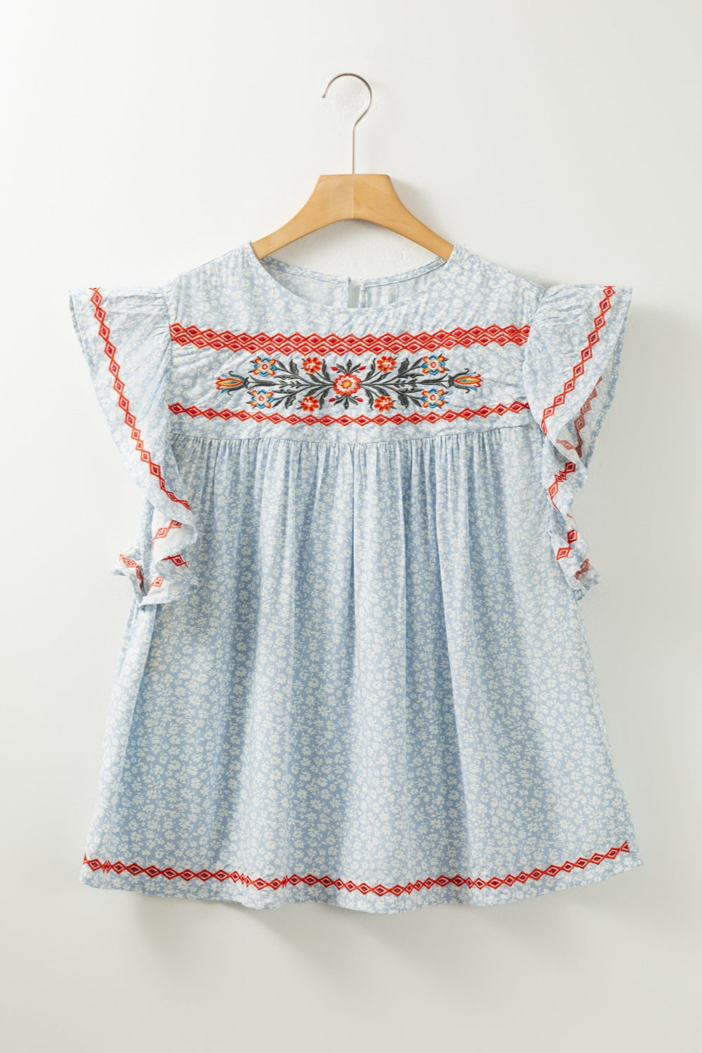 Embroidered Round Neck Cap Sleeve Blouse - Trandify Deal