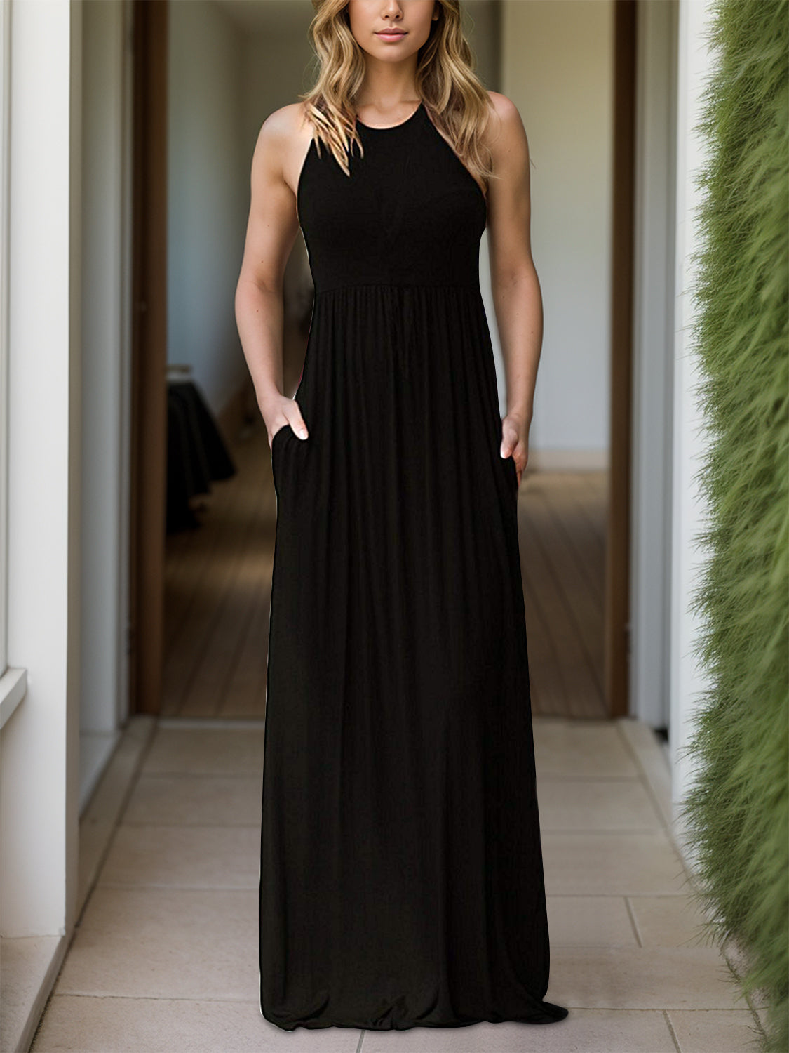 Pocketed Round Neck Sleeveless Dress Trandify Deal