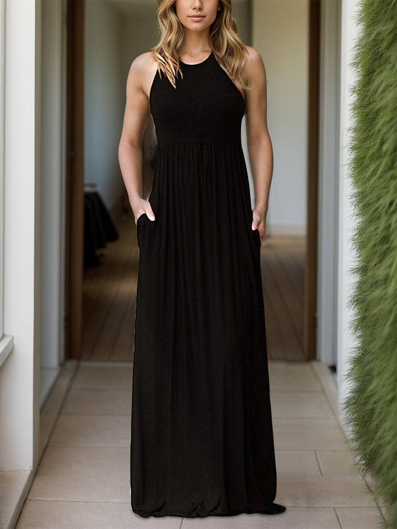 Pocketed Round Neck Sleeveless Dress Trandify Deal