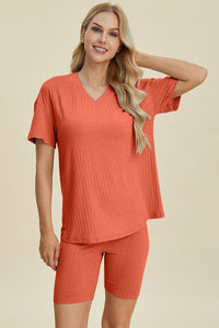 Basic Bae Full Size Ribbed V-Neck Short Sleeve Top and Shorts Set Trandify deal