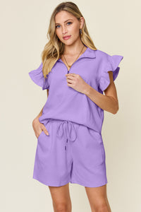 Double Take Full Size Texture Flounce Sleeve Top and Drawstring Shorts Set - Trandify Deal