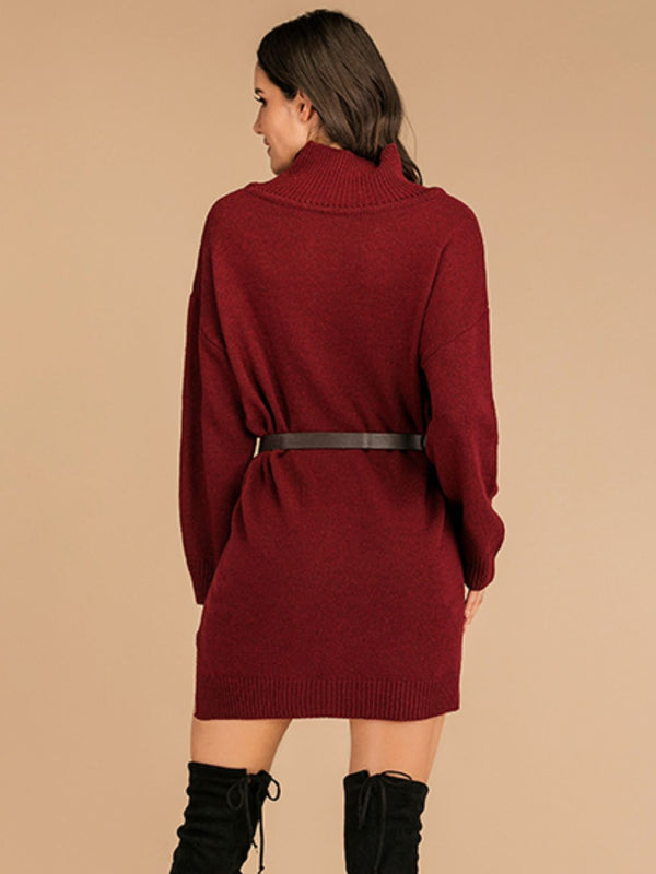 Perfee Slit Turtleneck Long Sleeve Mini Sweater Dress Trandify Deal