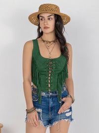 Fringe Lace-Up Wide Strap Tank Trandify Deal