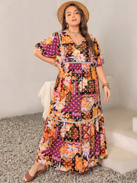 Plus Size Printed V-Neck Half Sleeve Maxi Dress Trandify Deal