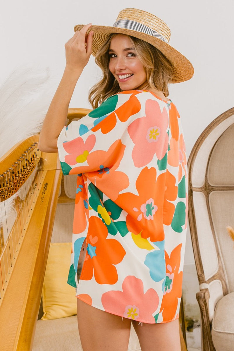 BiBi Floral V Neck Slit Side T-Shirt Trandify deal