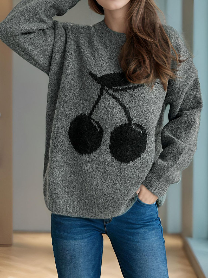 Cherry Round Neck Long Sleeve Sweater Trandify Deal