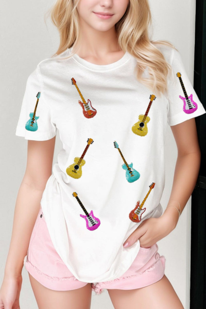 Guitar Crew Neck Short Sleeve T-Shirt with bold guitar graphic, available in multiple colors and sizes.