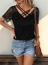 Perfee Lace Detail V-Neck Short Sleeve T-Shirt Trandify deal