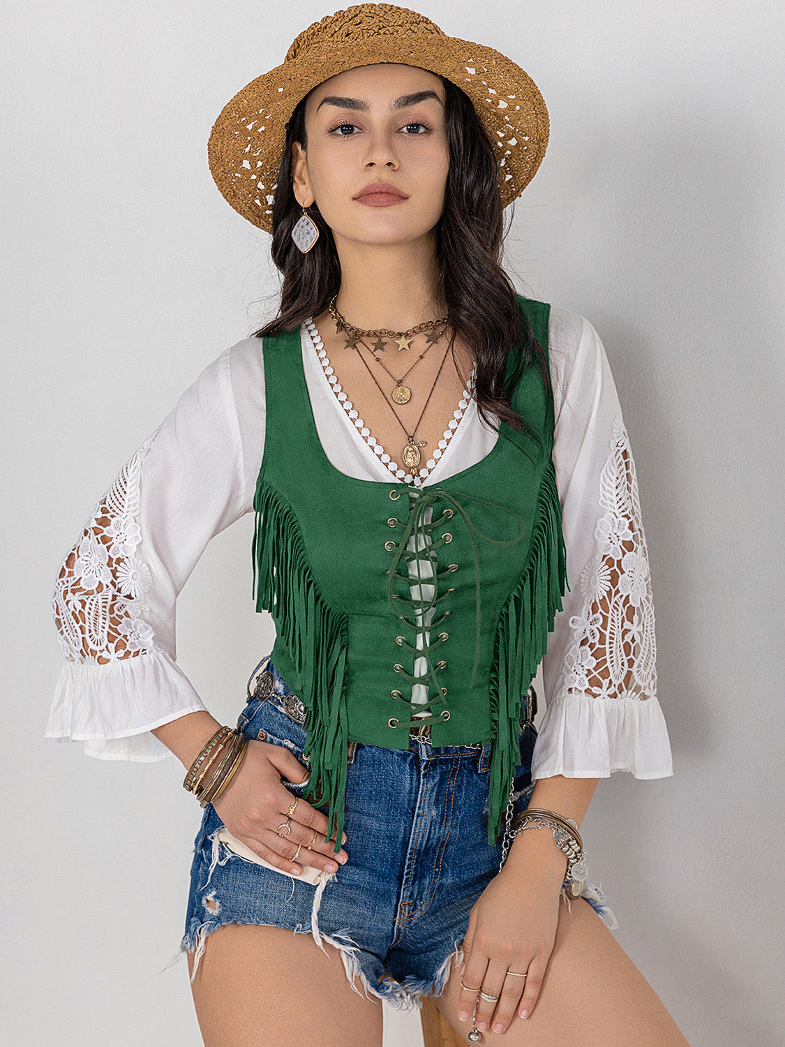 Fringe Lace-Up Wide Strap Tank Trandify Deal