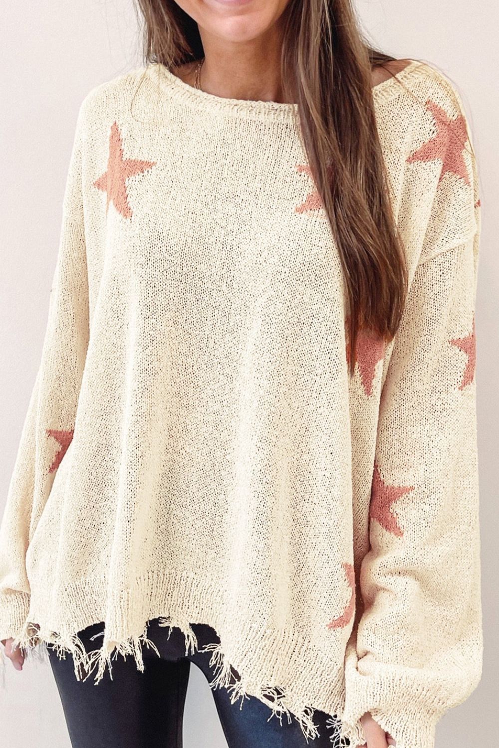 Contrast Star Raw Hem Long Sleeve Knit Top Trandify deal