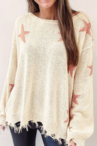 Contrast Star Raw Hem Long Sleeve Knit Top Trandify deal