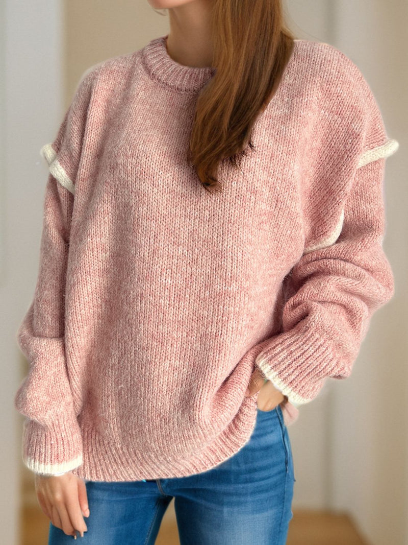 Contrast Trim Round Neck Dropped Shoulder Sweater Trandify Deal