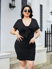 Plus Size Ruched Tied Short Sleeve Mini Dress Trandify deal