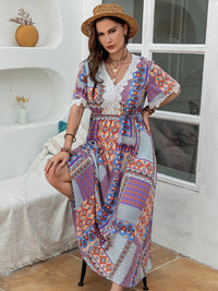 Plus Size Printed Lace Detail Short Sleeve Dress Trandify deal
