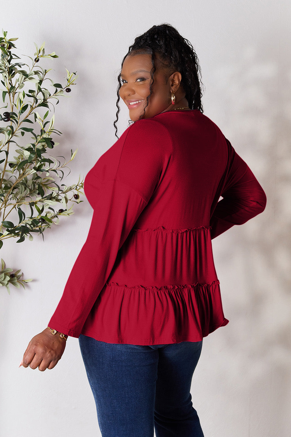 Double Take Half Button Long Sleeve Ruffle Hem Blouse Trandify Deal