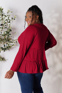 Double Take Half Button Long Sleeve Ruffle Hem Blouse Trandify Deal