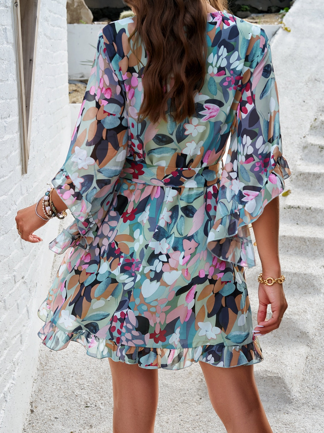 Devine Ruffled Printed Surplice Half Sleeve Mini Dress Trandify Deal