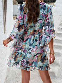 Devine Ruffled Printed Surplice Half Sleeve Mini Dress Trandify Deal