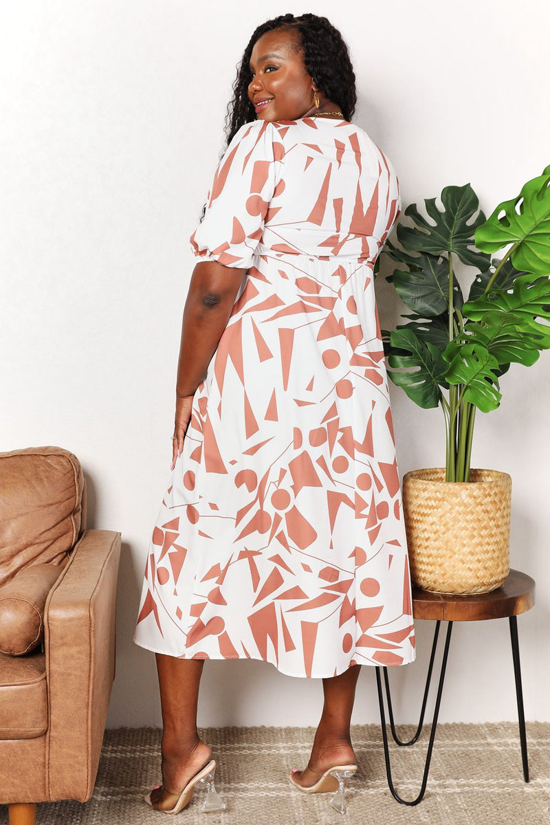 Printed Surplice Balloon Sleeve Dress Trandify deal