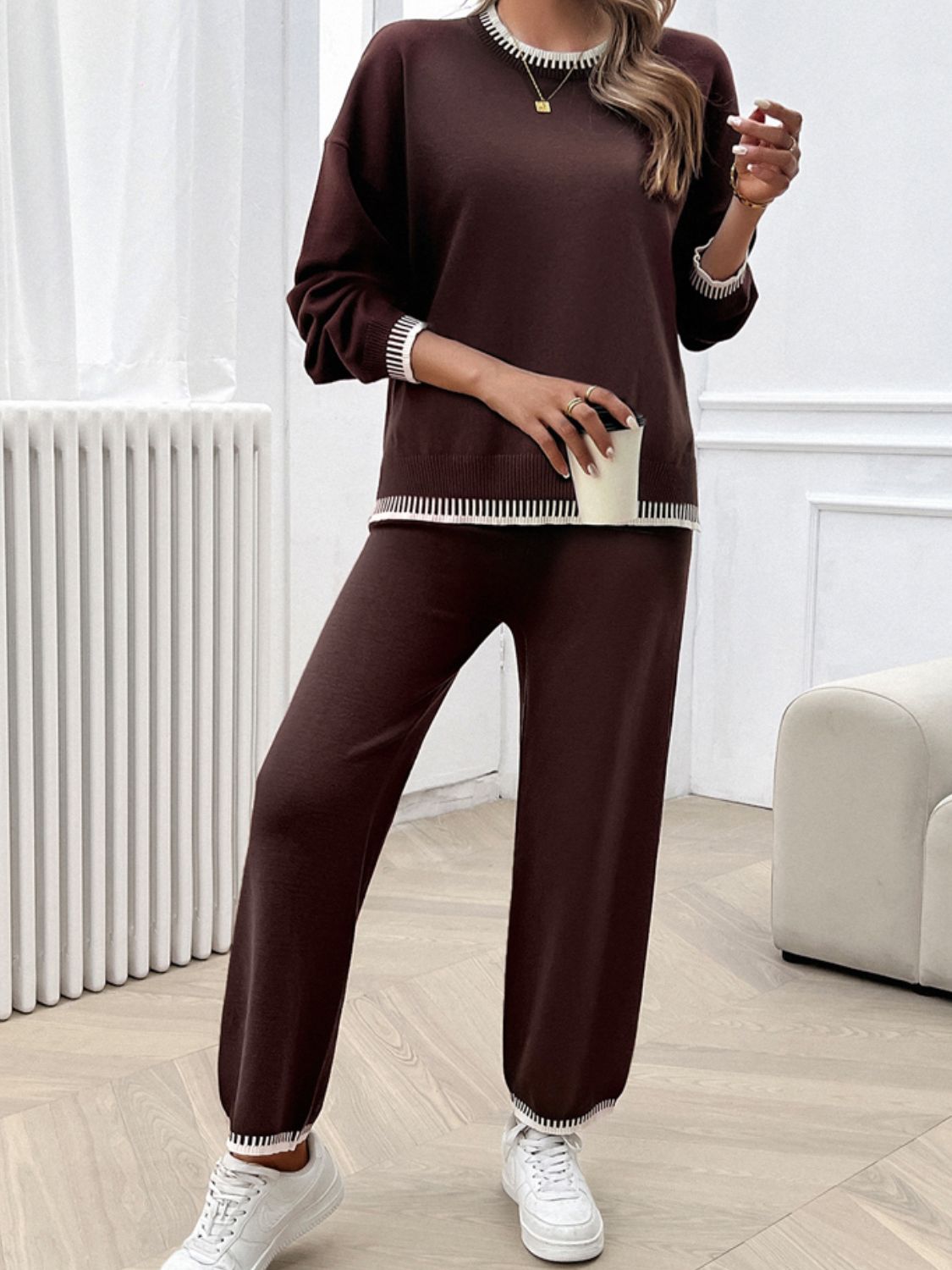 Devine Round Neck Dropped Shoulder Top and Pants Sweater Set Trandify Deal