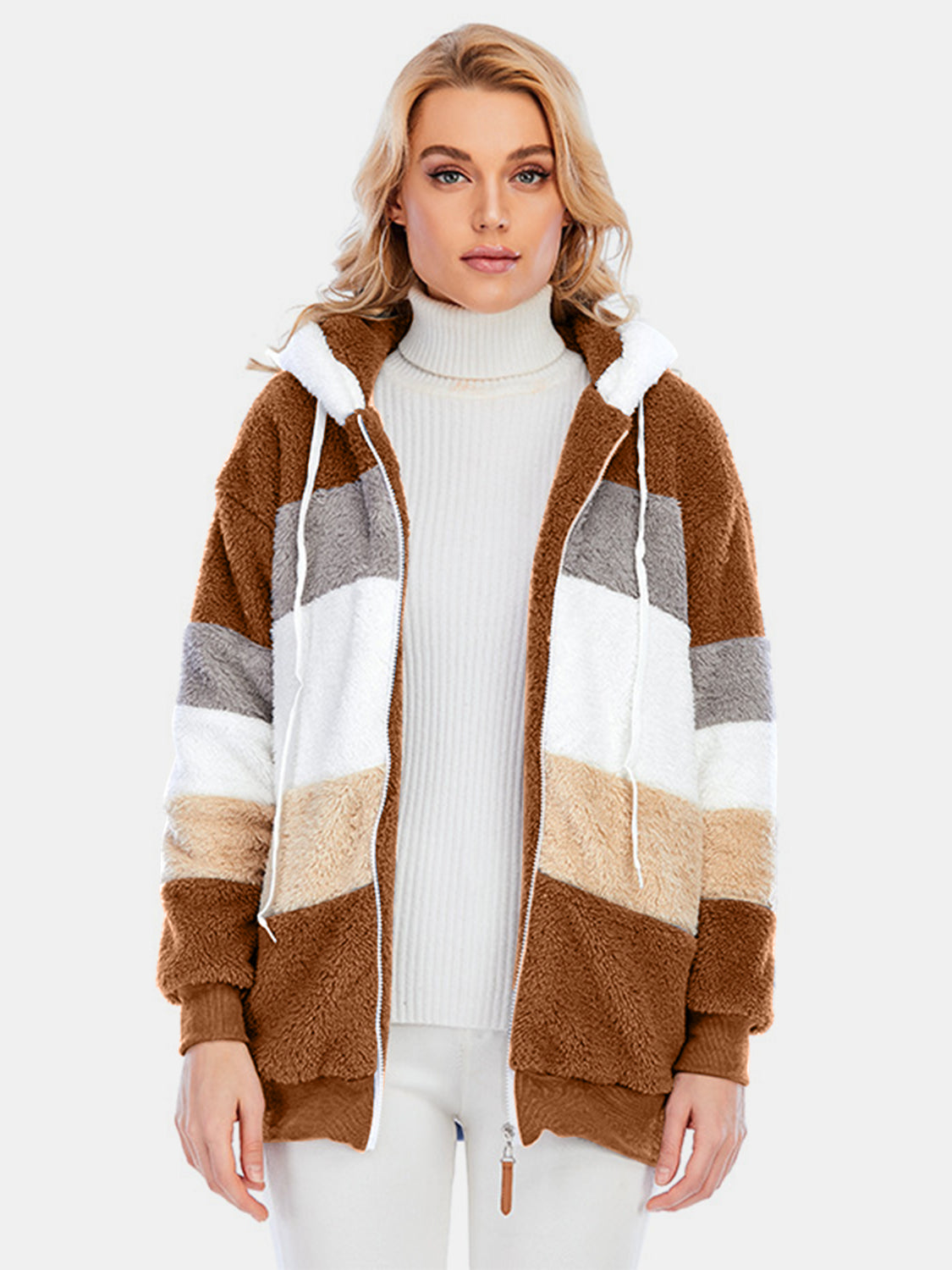 Full Size Drawstring Color Block Zip Up Hooded Outerwear Trandify Deal