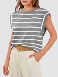 Striped Round Neck Cap Sleeve T-Shirt Trandify deal