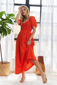 ADORA Popcorn Smocked Puff Sleeve Dress Trandify deal