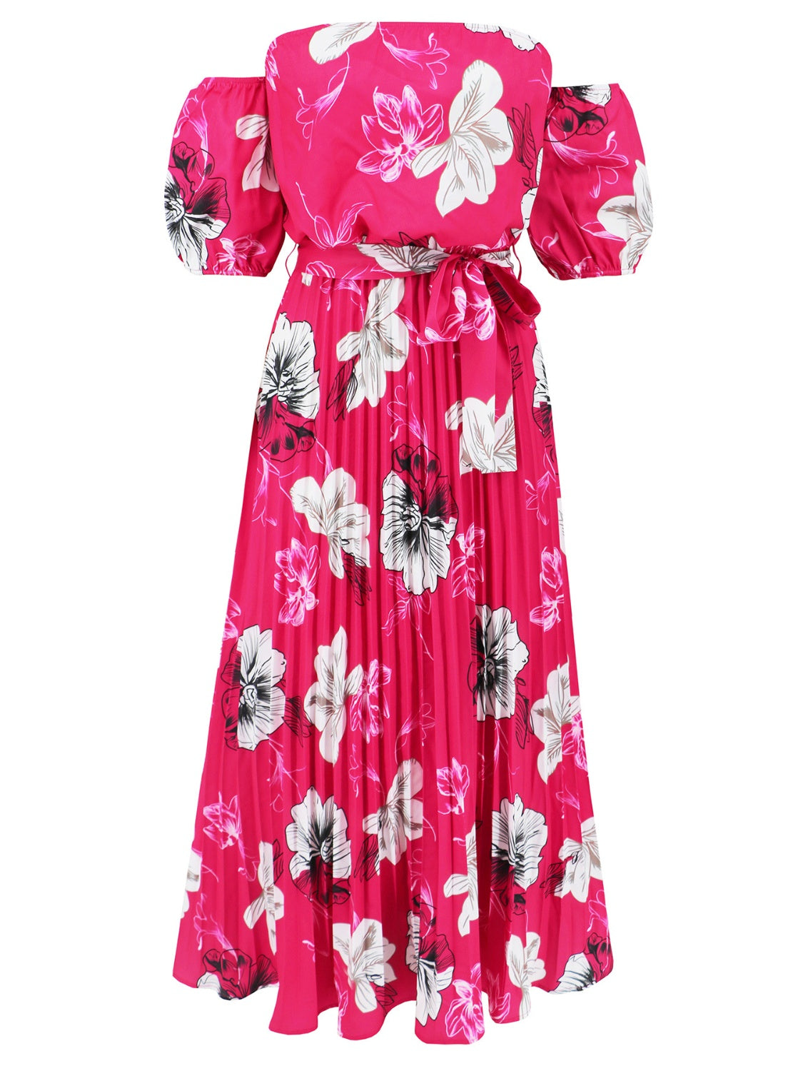 Pleated Floral Off-Shoulder Short Sleeve Midi Dress Trandify deal
