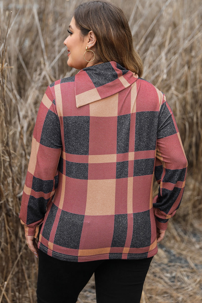 Plus Size Plaid Cowl Neck Long Sleeve Sweatshirt - Trandify Deal