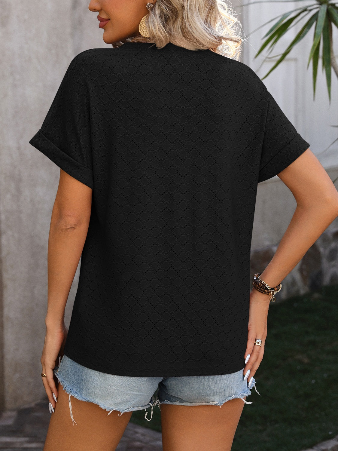 Mandy Eyelet Notched Short Sleeve T-Shirt Trandify deal