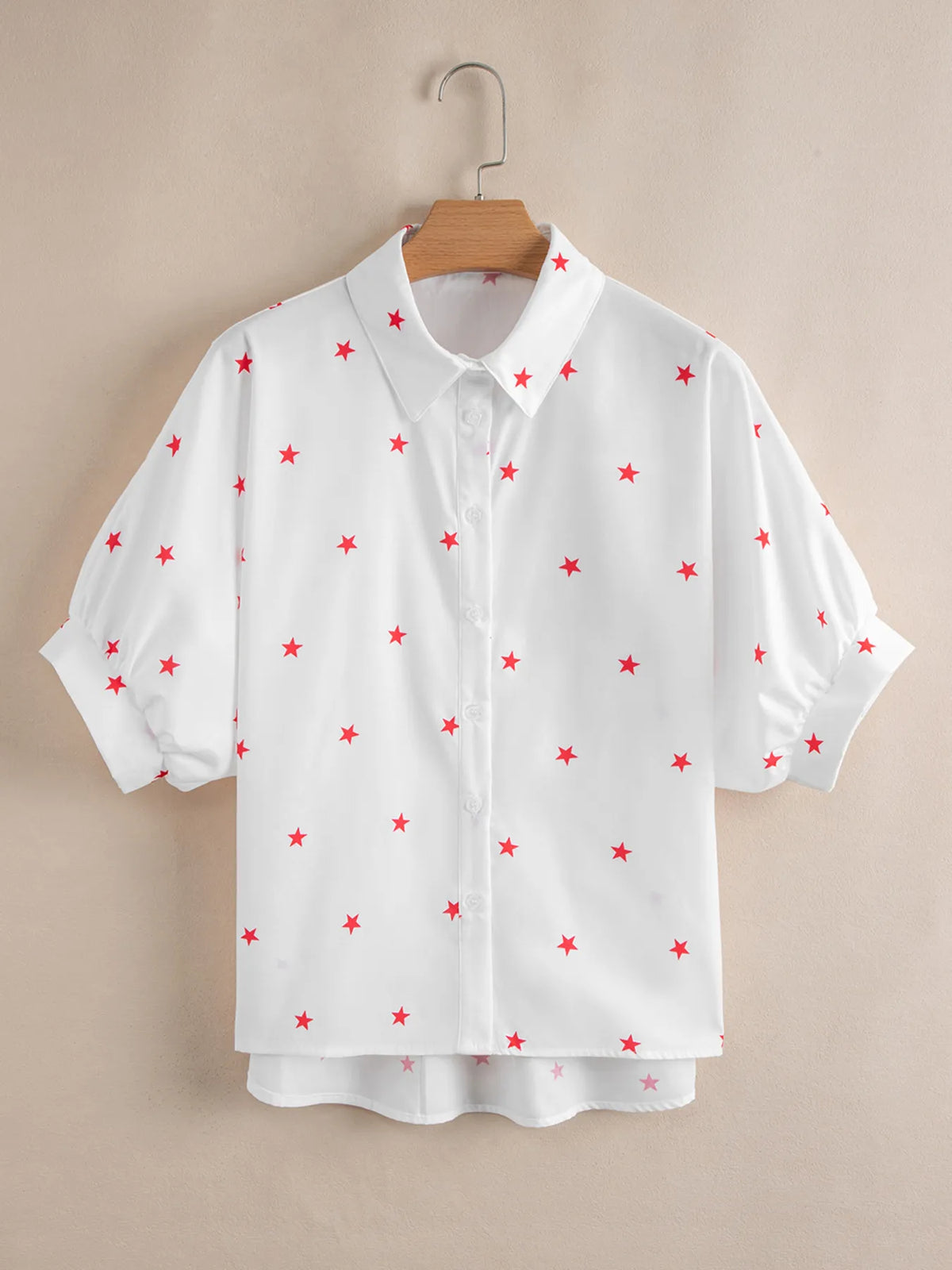 Star print puff sleeve button-up shirt for women – trendy vintage blouse for casual and office outfits