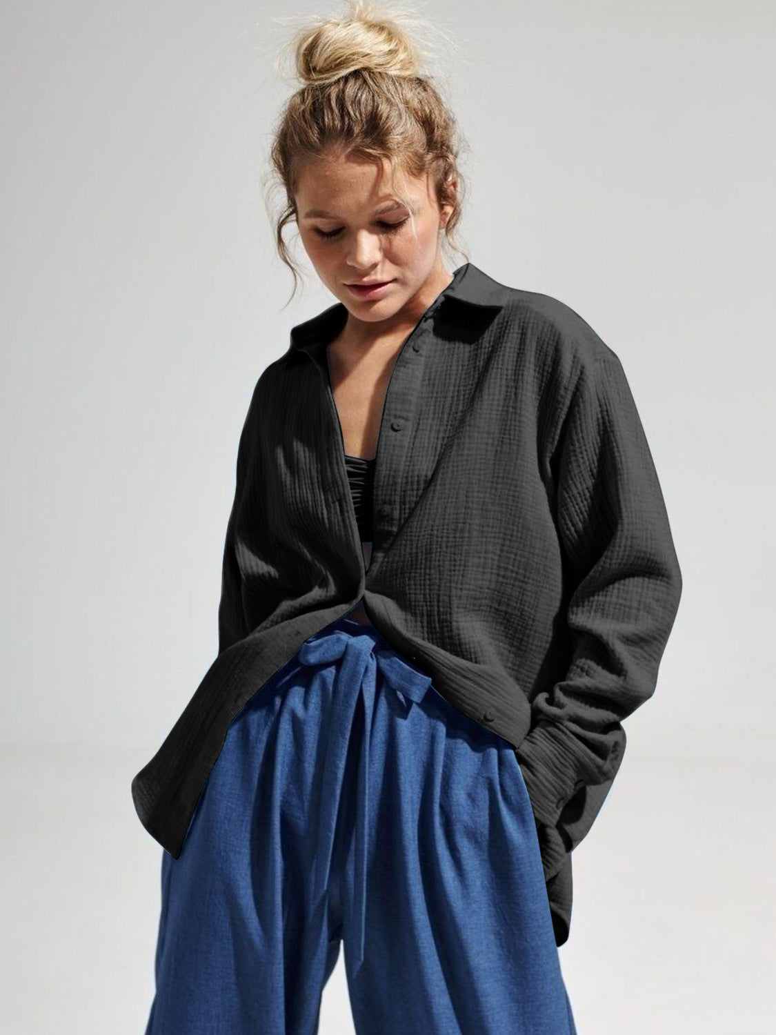 Textured Collared Neck Long Sleeve Shirt Trandify deal