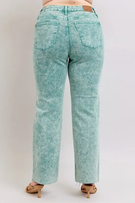 Judy Blue High Waist Dad Jeans in garment dyed wash with raw hem detail