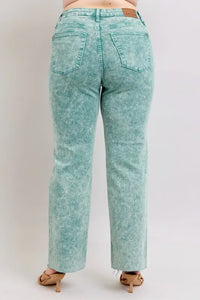 Judy Blue High Waist Dad Jeans in garment dyed wash with raw hem detail