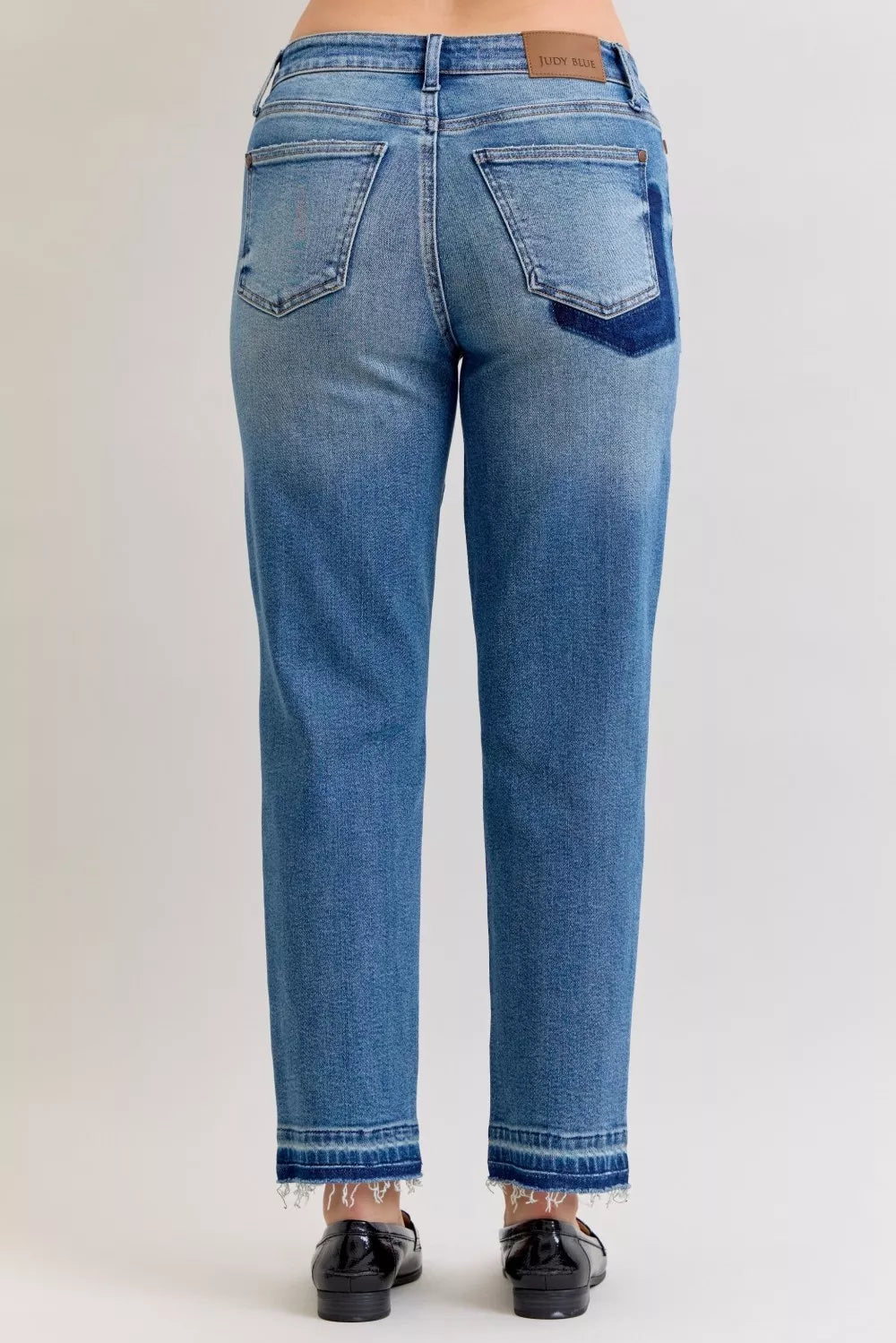 Women's Distressed Jeans | Mid Rise Patch & Repair Boyfriend Fit