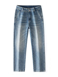 Mens loose fit washed jeans front view, relaxed regular fit casual denim pants