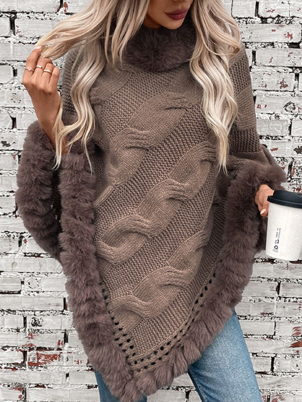Fuzzy Hem Cable-Knit Poncho - Soft, Chunky Knit with Trendy Fuzzy Hem - TrandifyDeal