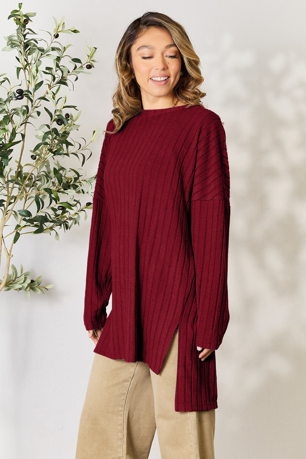 Basic Bae Full Size Ribbed Round Neck Long Sleeve Slit Top Trandify Deal