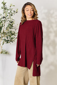 Basic Bae Full Size Ribbed Round Neck Long Sleeve Slit Top Trandify Deal