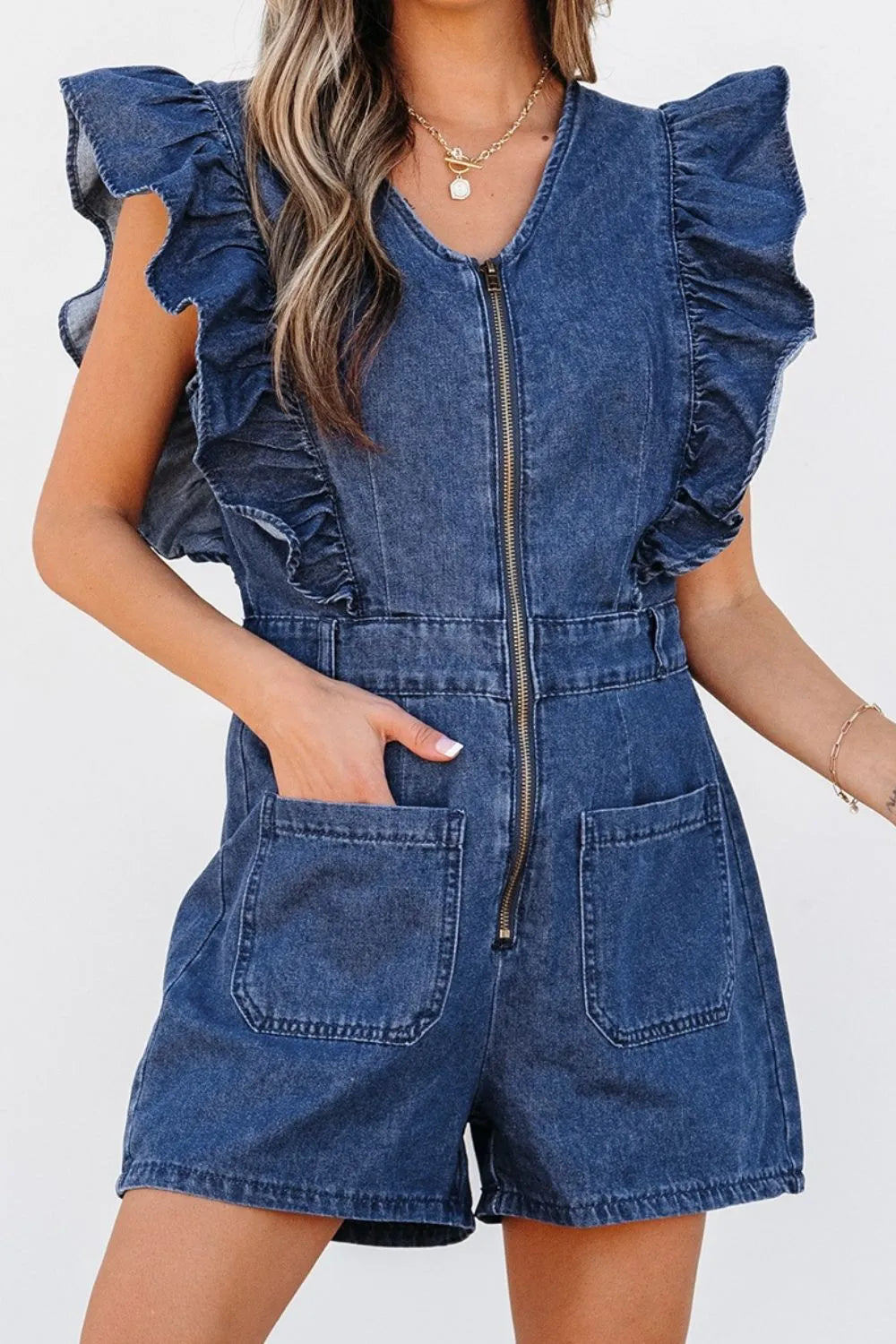 Women’s Blue Denim Romper with Ruffles & Zip Front – TrandifyDeal