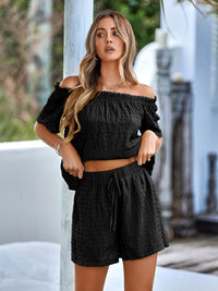 Full Size Off-Shoulder Short Sleeve Top and Tied Shorts Set Trandify deal
