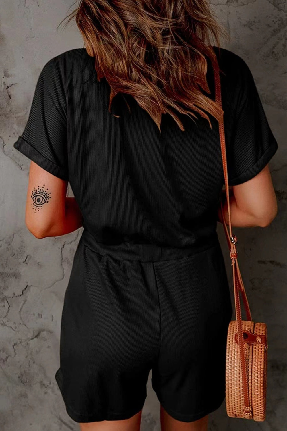 Full Size Drawstring V-Neck Short Sleeve Romper Trandify deal