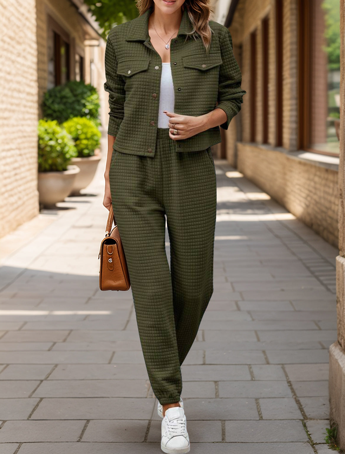 Plaid Texture Snap Down Top and Pants Set Trandify deal