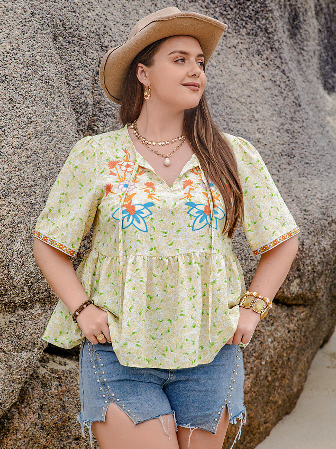 Plus Size Printed Tie Neck Half Sleeve Blouse Trandify deal