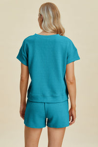Double Take Full Size Texture Short Sleeve Top and Shorts Set Trandify deal