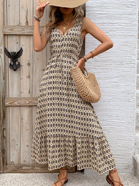 Perfee Printed V-Neck Tie Waist Midi Dress - Trandify Deal