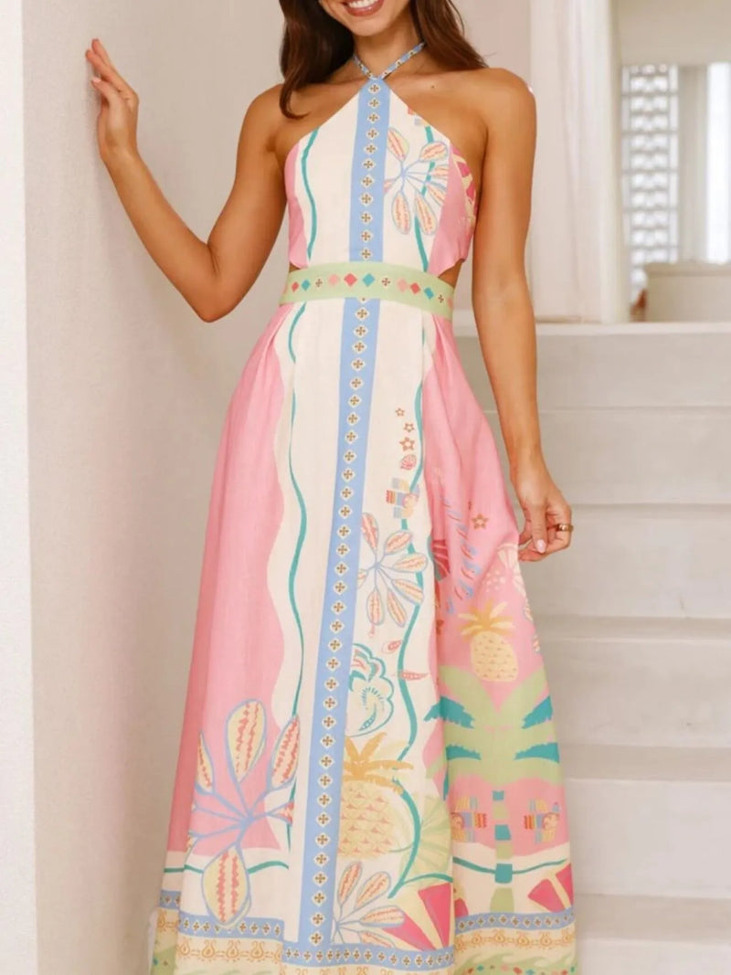 Halter Neck Tropical Print Maxi Dress for Women – Flowy Summer Beach Sundress with Side Slit