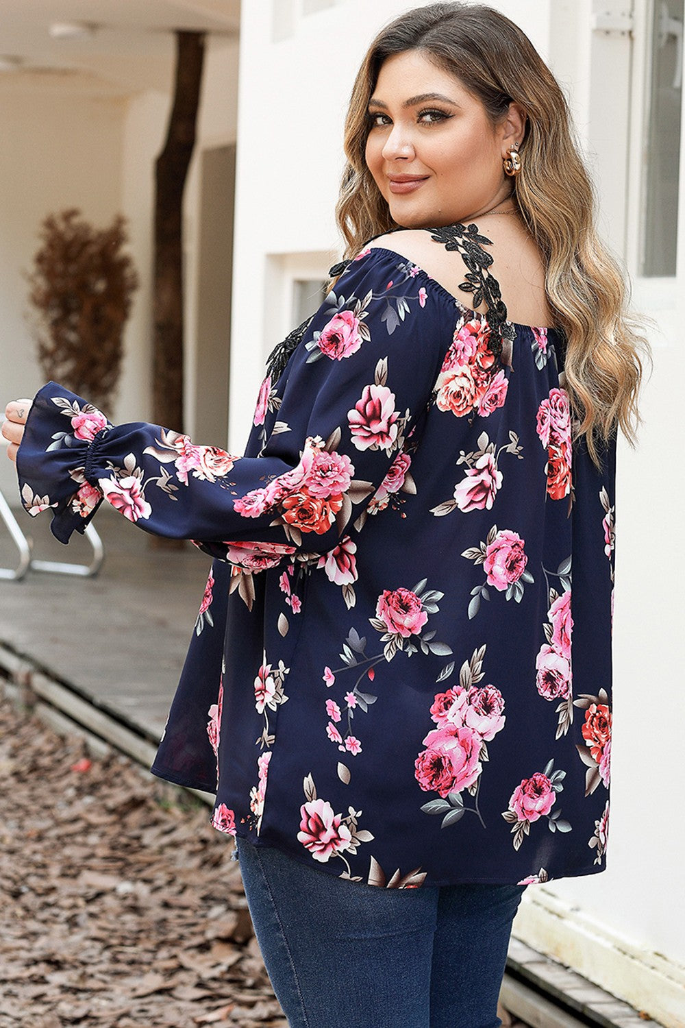Plus Size Floral Flounce Sleeve Blouse Trandify deal